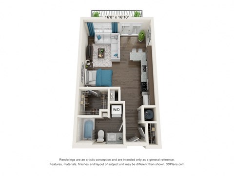 Floor plan for studio, 1 bath, 523 sqft